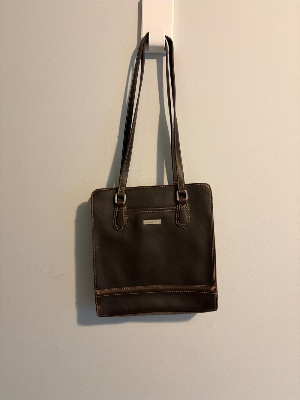 Vintage Liz Claiborne Black Leather Tote with Silver Logo Plaque